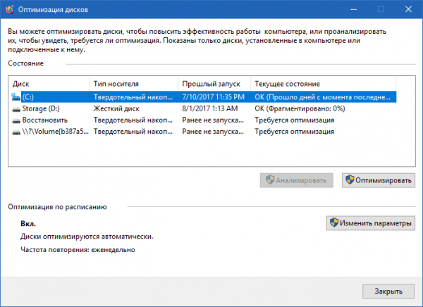 Дефрагментация дисков в Windows 10